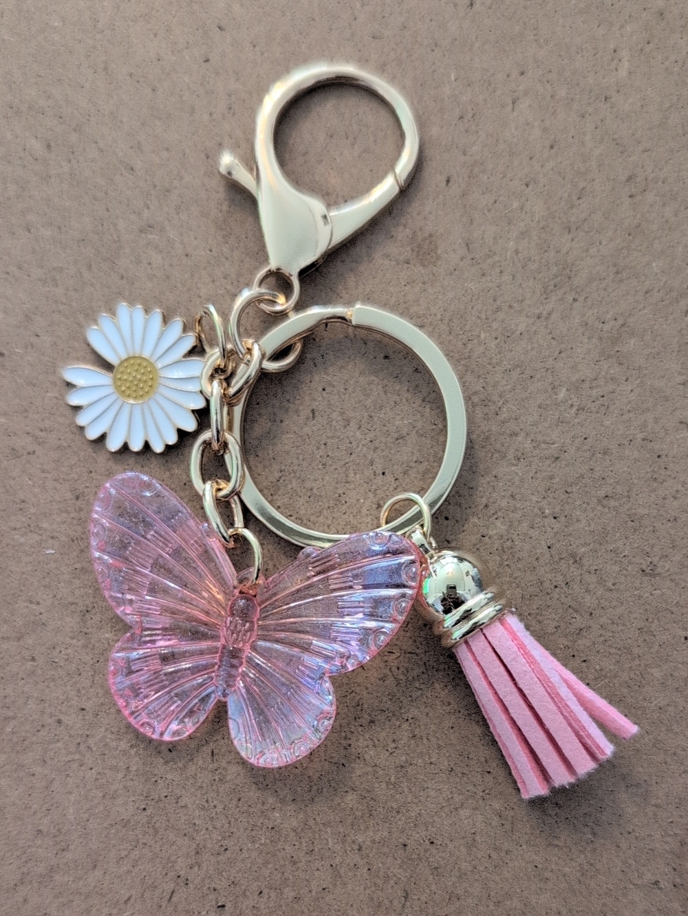Pink Butterfly Tassel Keychain with Daisy Charm